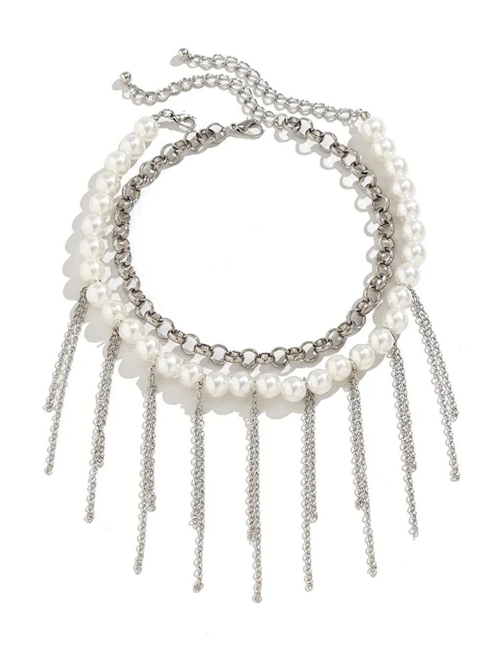 Gri Gümüş Saçağı ve Zincir Kombini İnci Choker Kolye