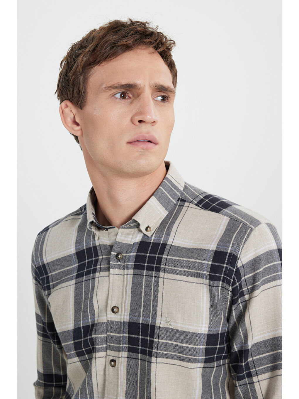 Kahverengi Erkek Kahve-Bej Pamuklu Slim Fit Dar Kesim Kareli Flanel Gömlek-4