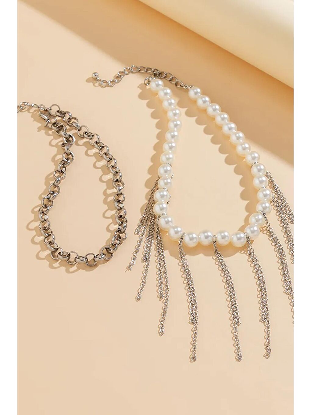 Gri Gümüş Saçağı ve Zincir Kombini İnci Choker Kolye-1