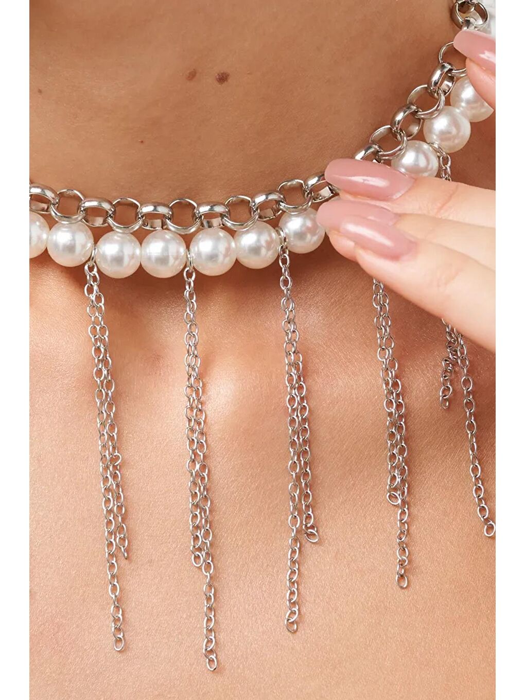 Gri Gümüş Saçağı ve Zincir Kombini İnci Choker Kolye-2