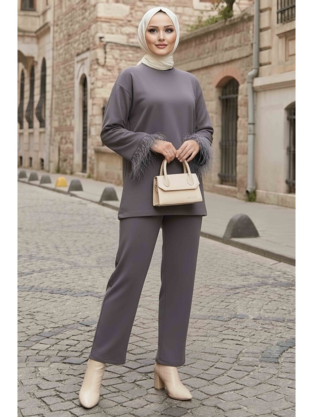 Gri Kol Ucu Tüylü Modal İkili Takım Füme - 088-FUME-1