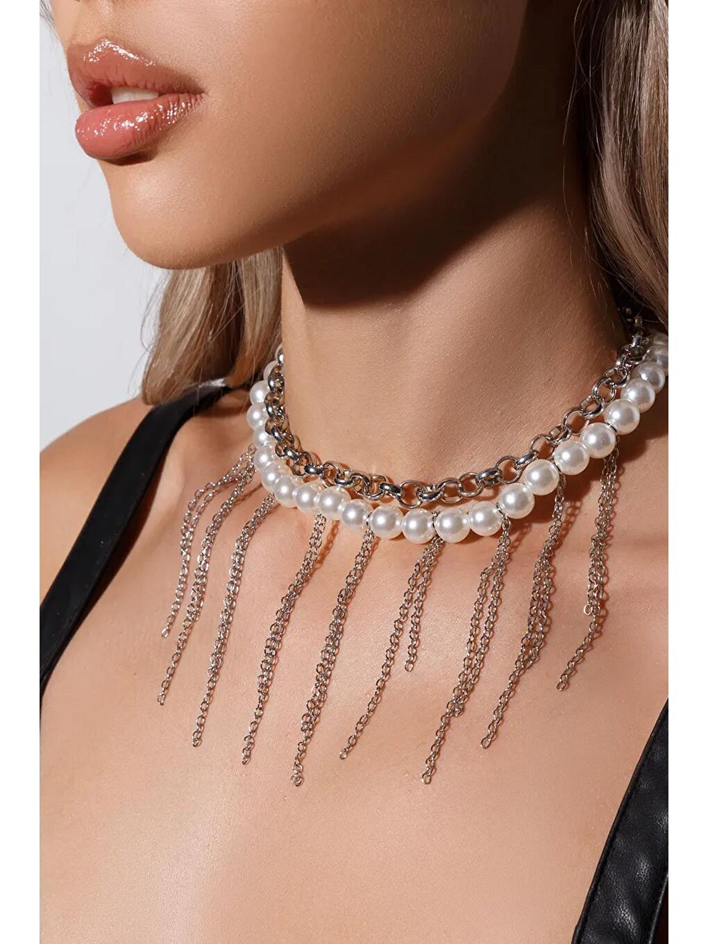 Gri Gümüş Saçağı ve Zincir Kombini İnci Choker Kolye-3