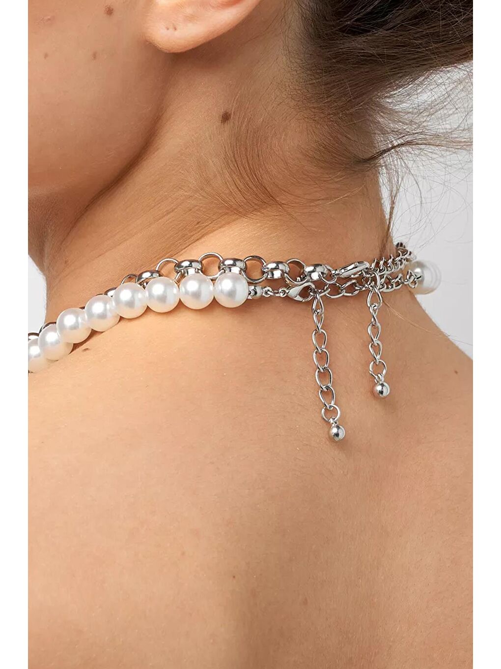 Gri Gümüş Saçağı ve Zincir Kombini İnci Choker Kolye-4