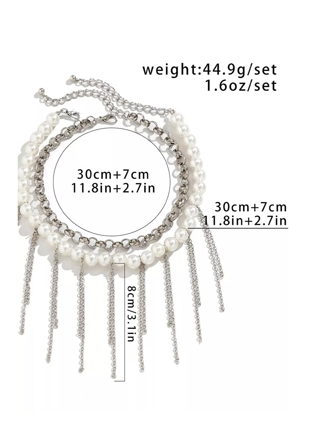 Gri Gümüş Saçağı ve Zincir Kombini İnci Choker Kolye-5