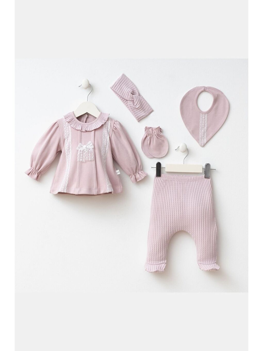 Pembe Kız Bebek Dantel Ve Bandana Detaylı 5'li Hastane Çıkış Zıbın Set