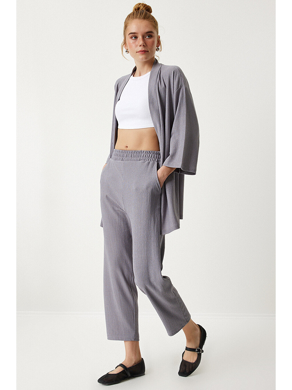 Bej Örme Kimono Pantolon Takımı TAŞ GRİSİ LBY0001