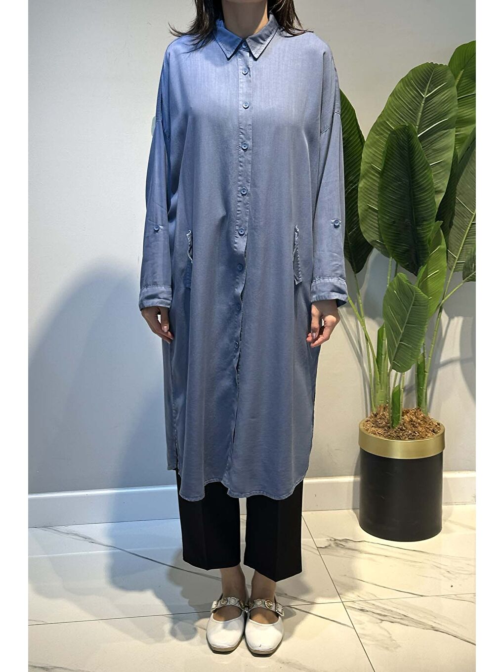 Lyocell Gömlek Uzun Tunik 7509 Mavi-1