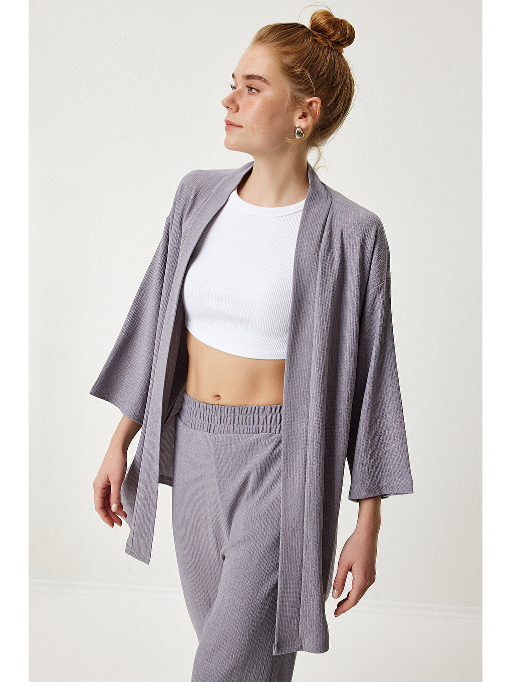 Bej Örme Kimono Pantolon Takımı TAŞ GRİSİ LBY0001-1