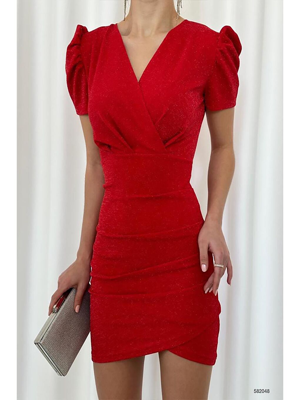 Kırmızı Prenses Kol Kruvaze Yaka Mini Simli Krep Kumaş Elbise-1