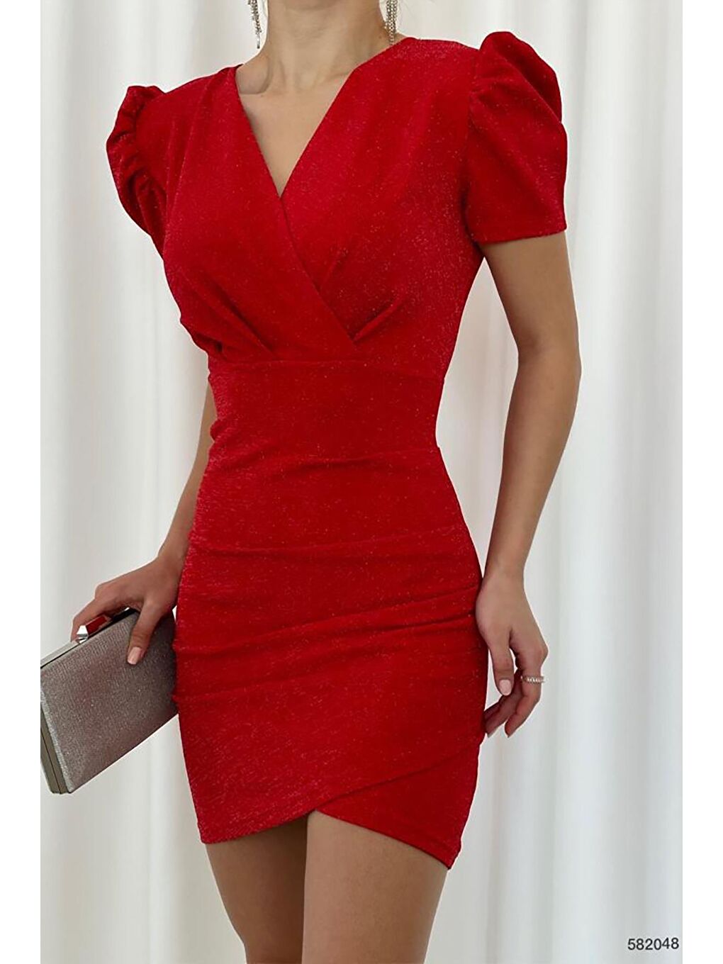 Kırmızı Prenses Kol Kruvaze Yaka Mini Simli Krep Kumaş Elbise-2