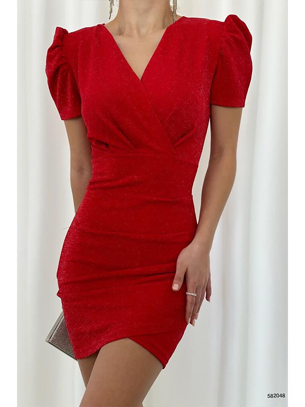 Kırmızı Prenses Kol Kruvaze Yaka Mini Simli Krep Kumaş Elbise-3