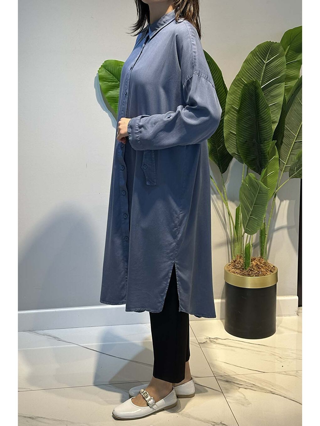 Lyocell Gömlek Uzun Tunik 7509 Mavi-2