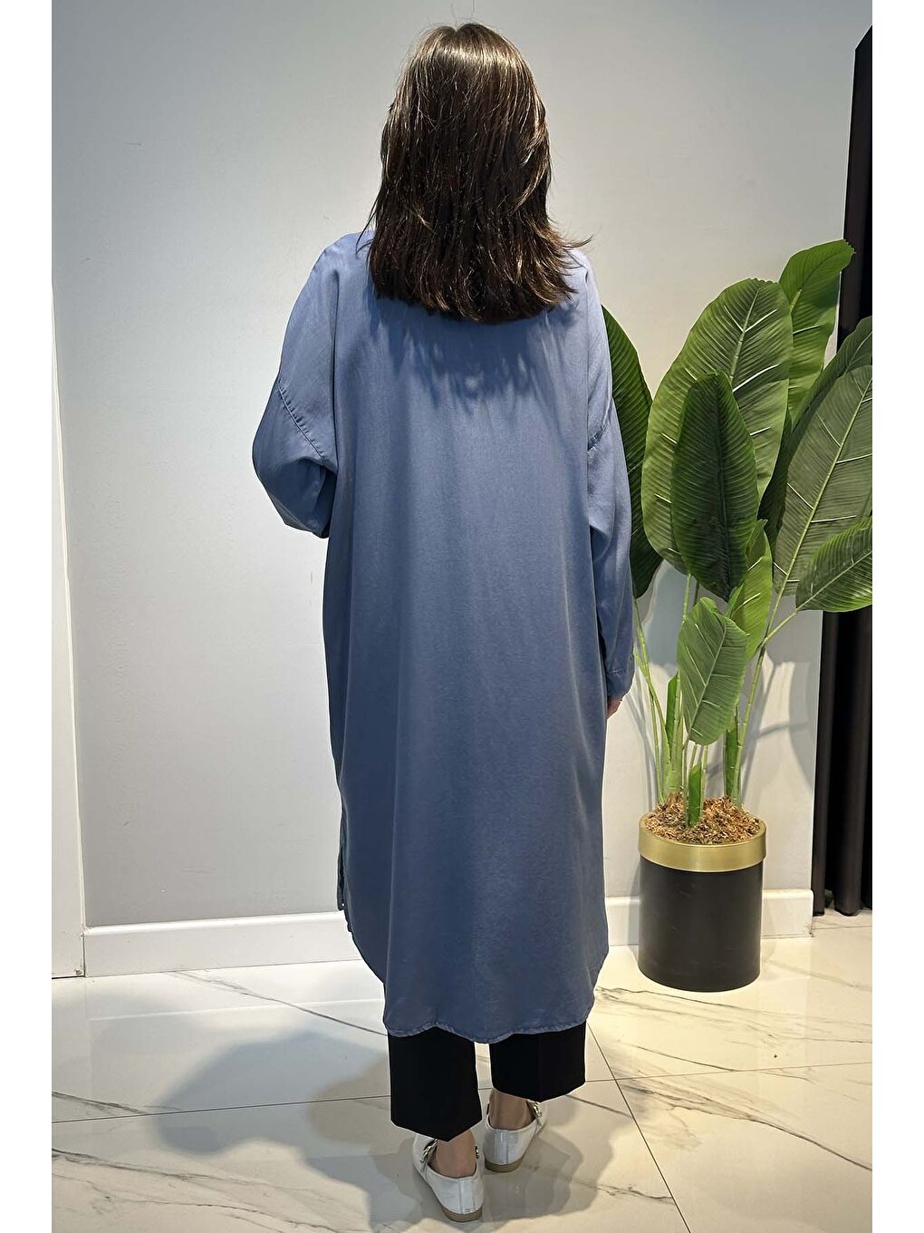 Lyocell Gömlek Uzun Tunik 7509 Mavi-3