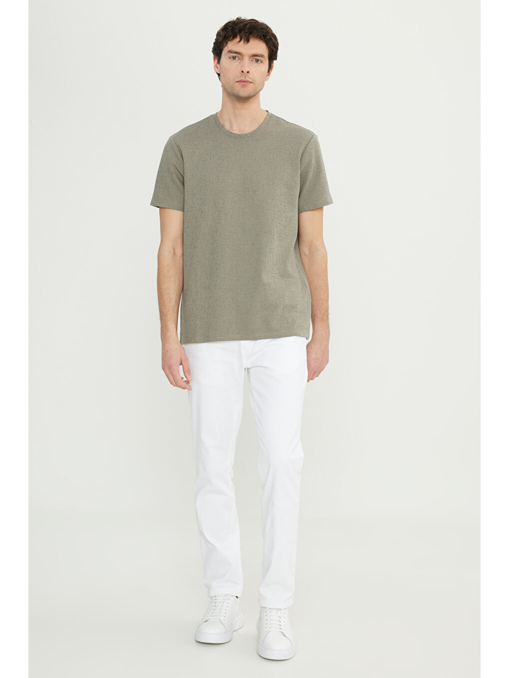 Erkek Haki Pamuklu Slim Fit Dar Kesim Bisiklet Yaka Jakarlı Esnek Tişört-1