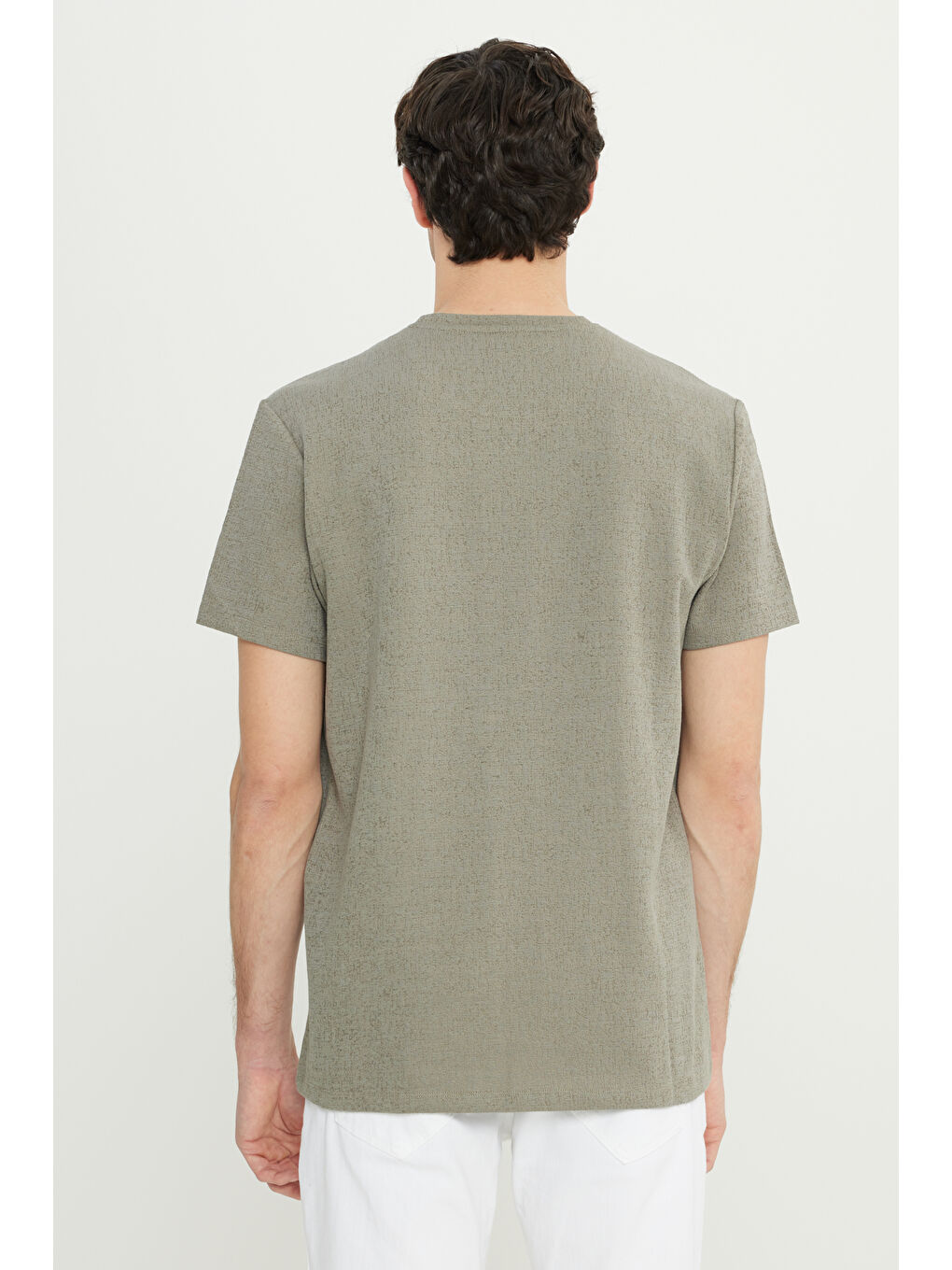 Erkek Haki Pamuklu Slim Fit Dar Kesim Bisiklet Yaka Jakarlı Esnek Tişört-4