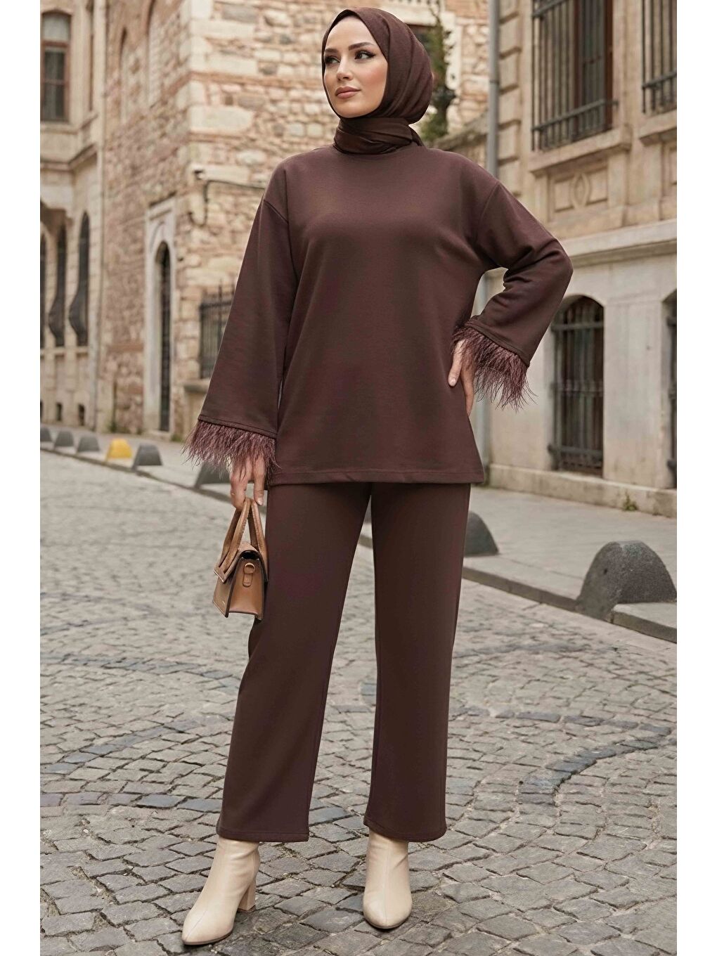 Kahverengi Kol Ucu Tüylü Modal İkili Takım Kahve - 088-KAHVE