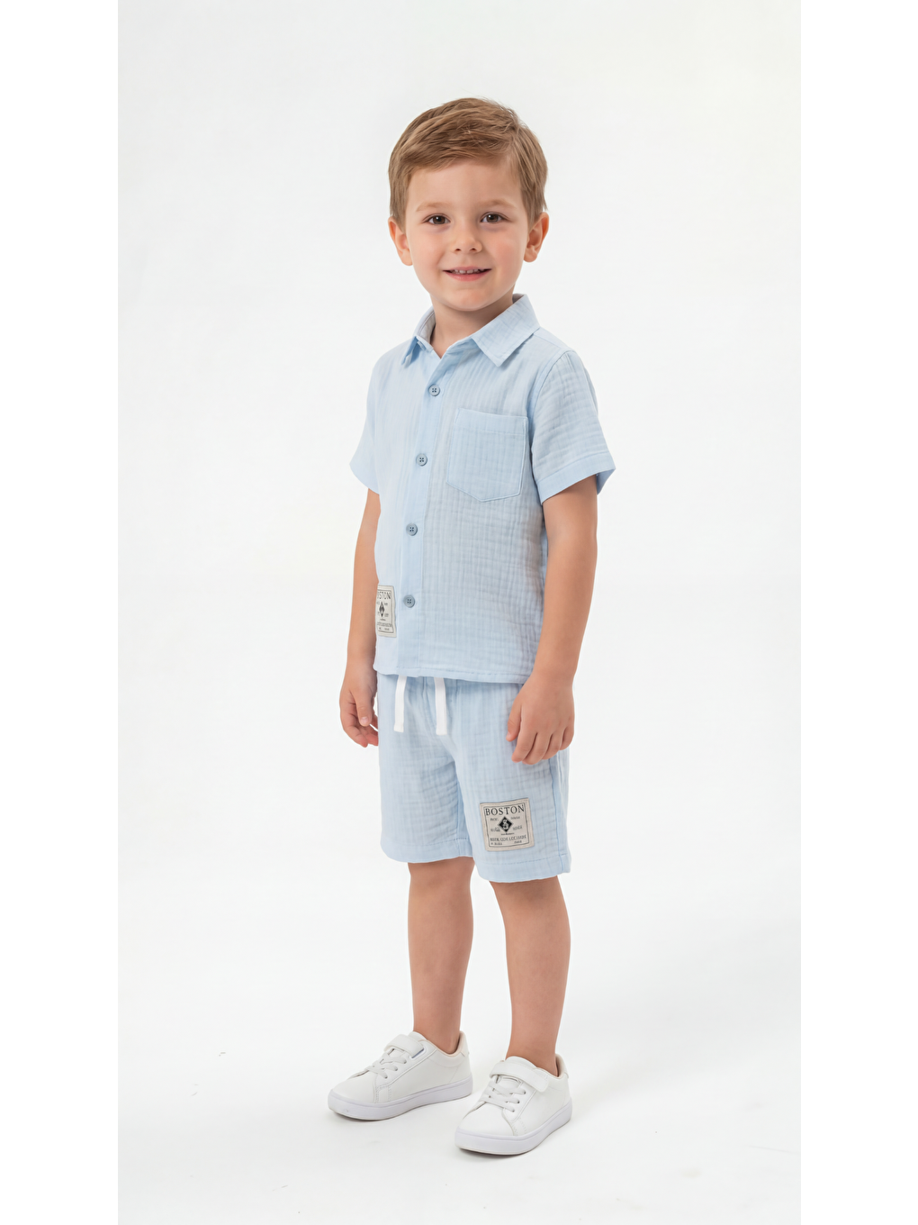Mavi Boston Etiketli Cep Detaylı Erkek Çocuk Gömlek & Şort Takımı-1