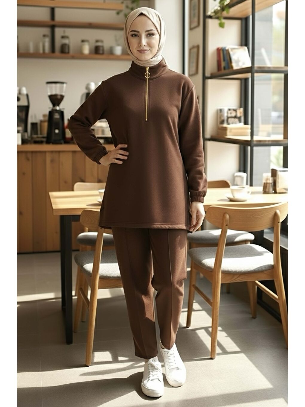 Kahverengi Fermuarlı Modal İkili Takım Kahve - 1013-KAHVE-1