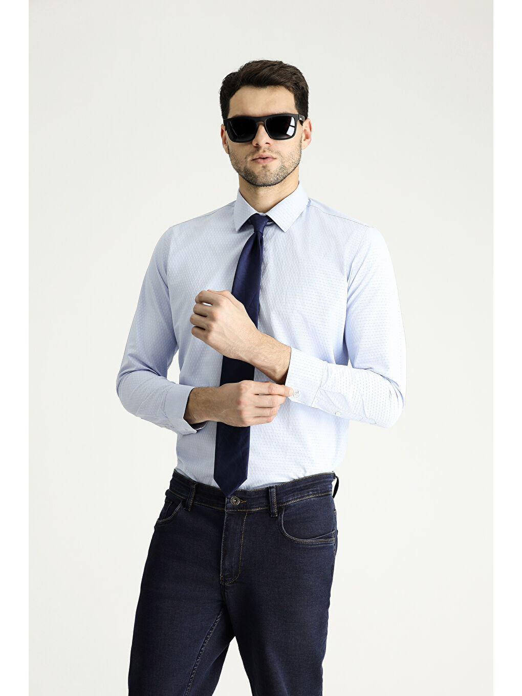 Mavi Uzun Kol Slim Fit Dar Kesim Klasik Desenli Pamuklu Gömlek