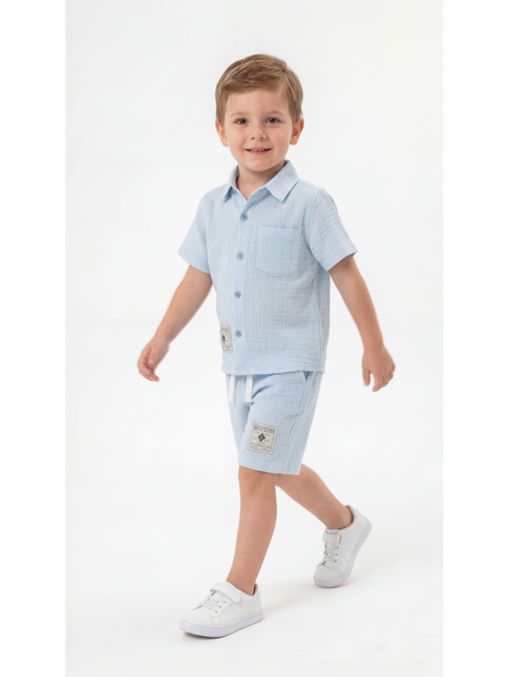 Mavi Boston Etiketli Cep Detaylı Erkek Çocuk Gömlek & Şort Takımı-2