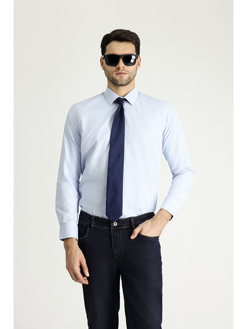 Mavi Uzun Kol Slim Fit Dar Kesim Klasik Desenli Pamuklu Gömlek-1