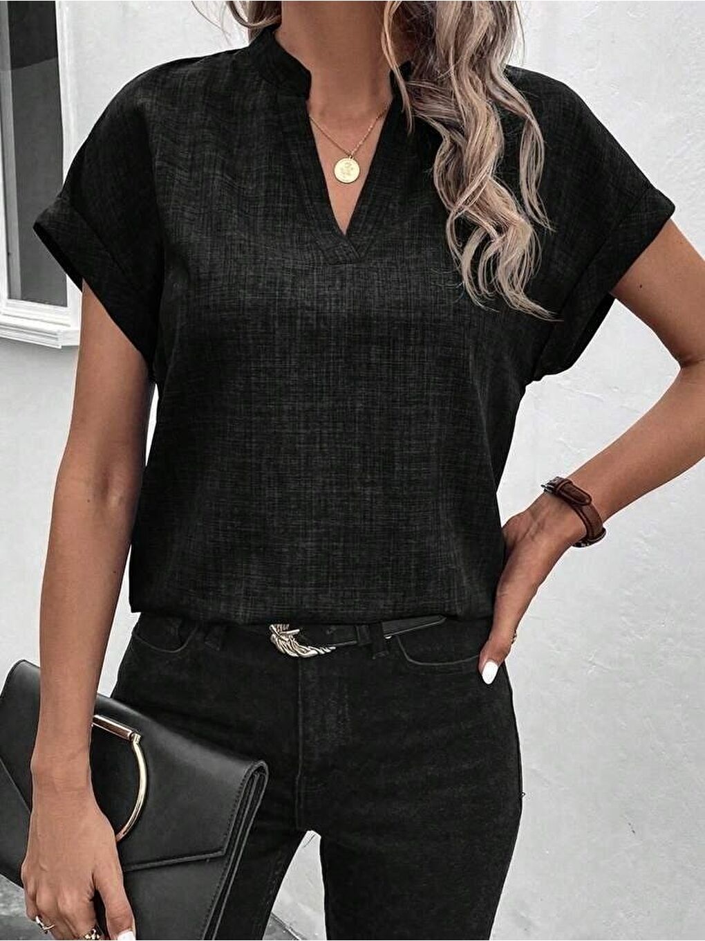 Siyah Kadın Kısa Kollu Hakim Yaka Sofya Bluz