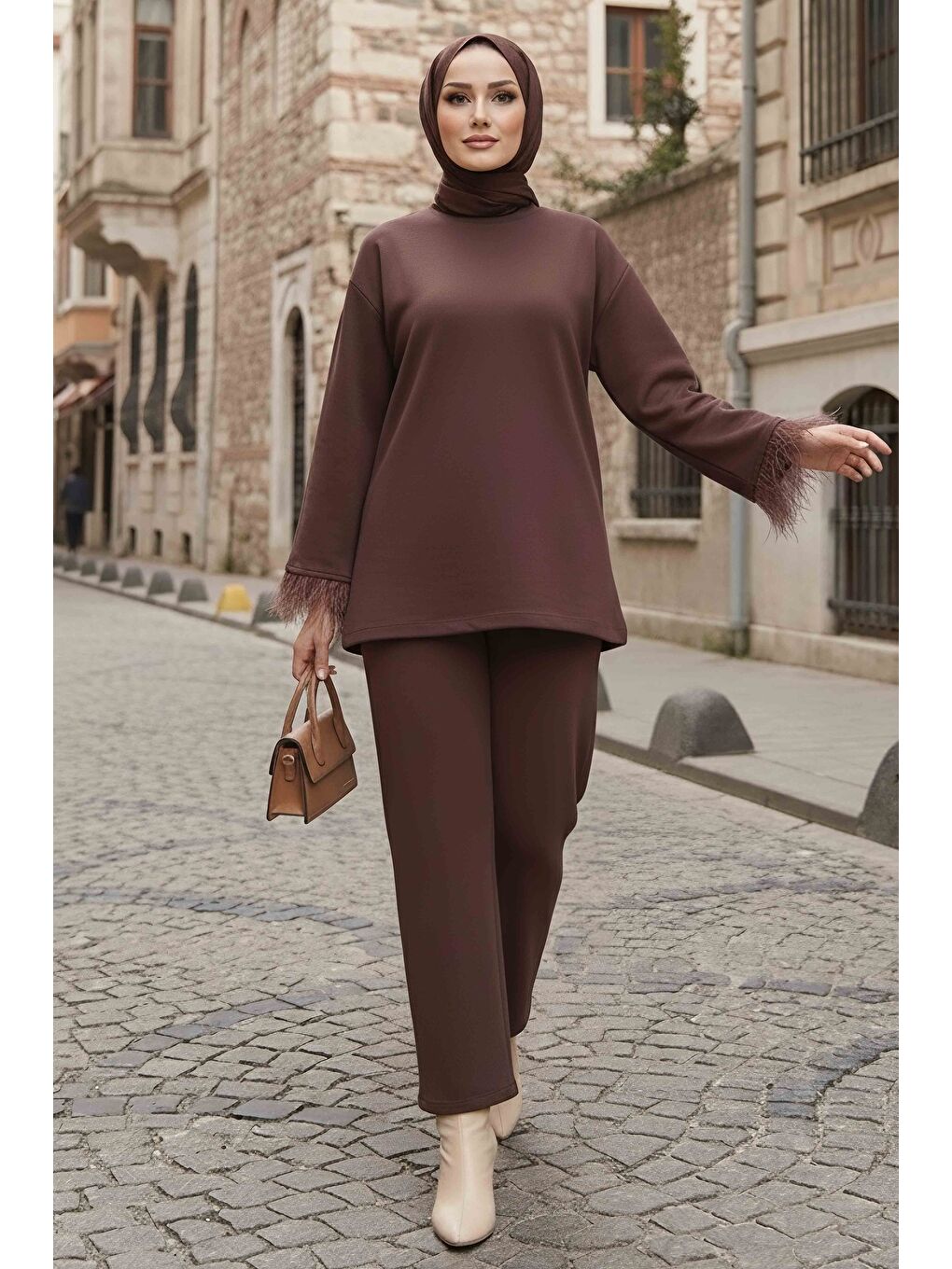 Kahverengi Kol Ucu Tüylü Modal İkili Takım Kahve - 088-KAHVE-1