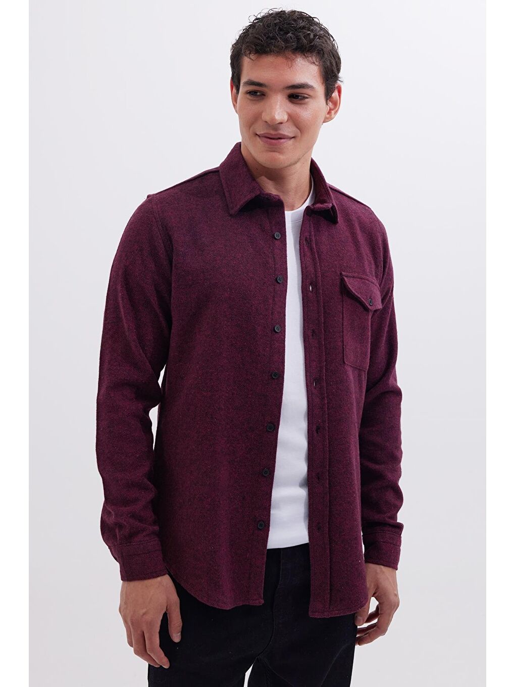 Erkek Slim Fit Tek Cep Kapaklı Düz Oduncu Spor Bordo Gömlek
