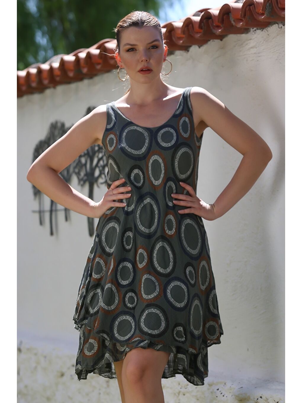 İtalyan Haki Havuz Yaka Kolsuz Geometrik Desenli Astarlı Casual Dokuma Elbise 108 58-2