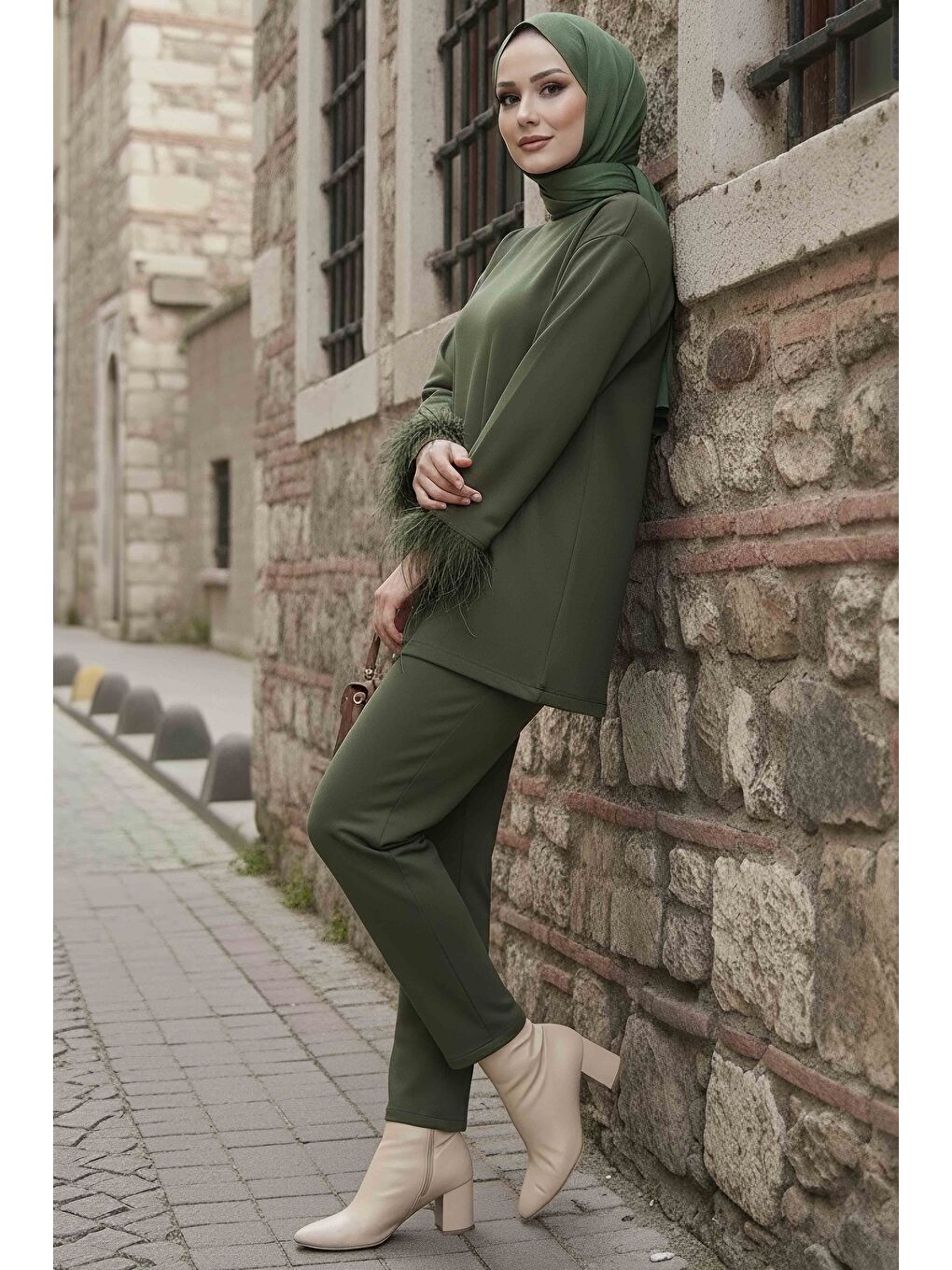 Kol Ucu Tüylü Modal İkili Takım Haki - 088-HAKI