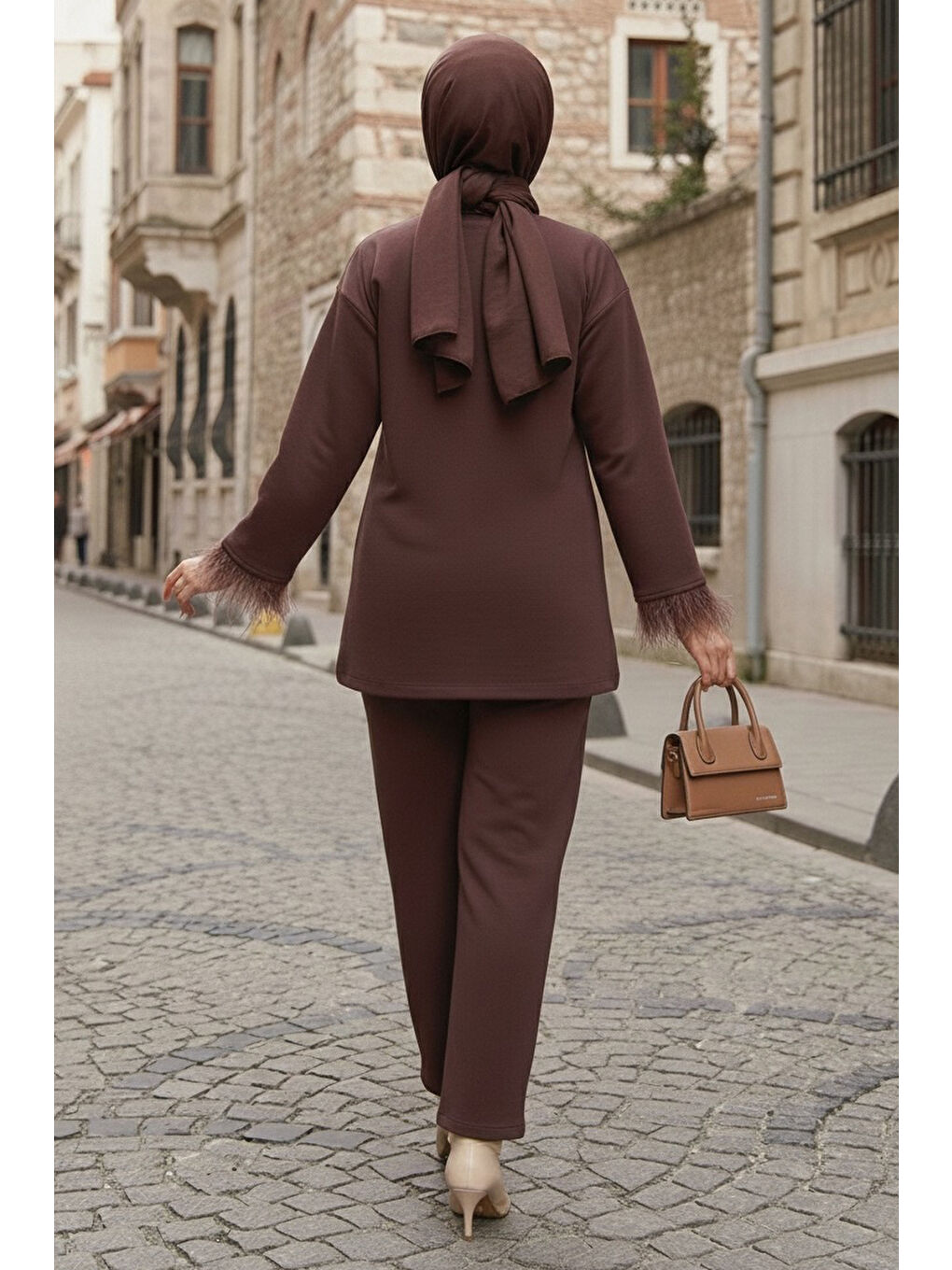 Kahverengi Kol Ucu Tüylü Modal İkili Takım Kahve - 088-KAHVE-2