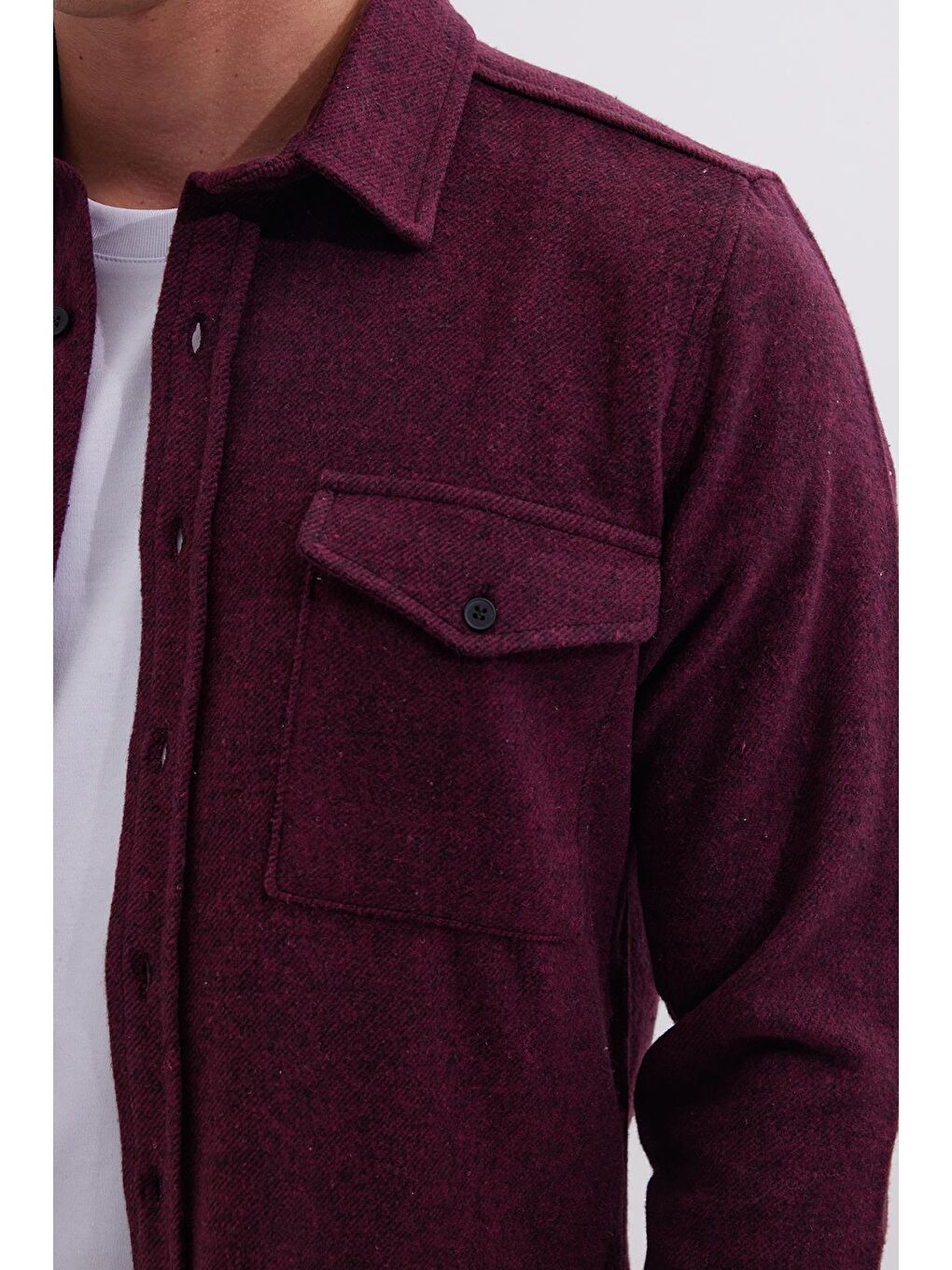 Erkek Slim Fit Tek Cep Kapaklı Düz Oduncu Spor Bordo Gömlek-2