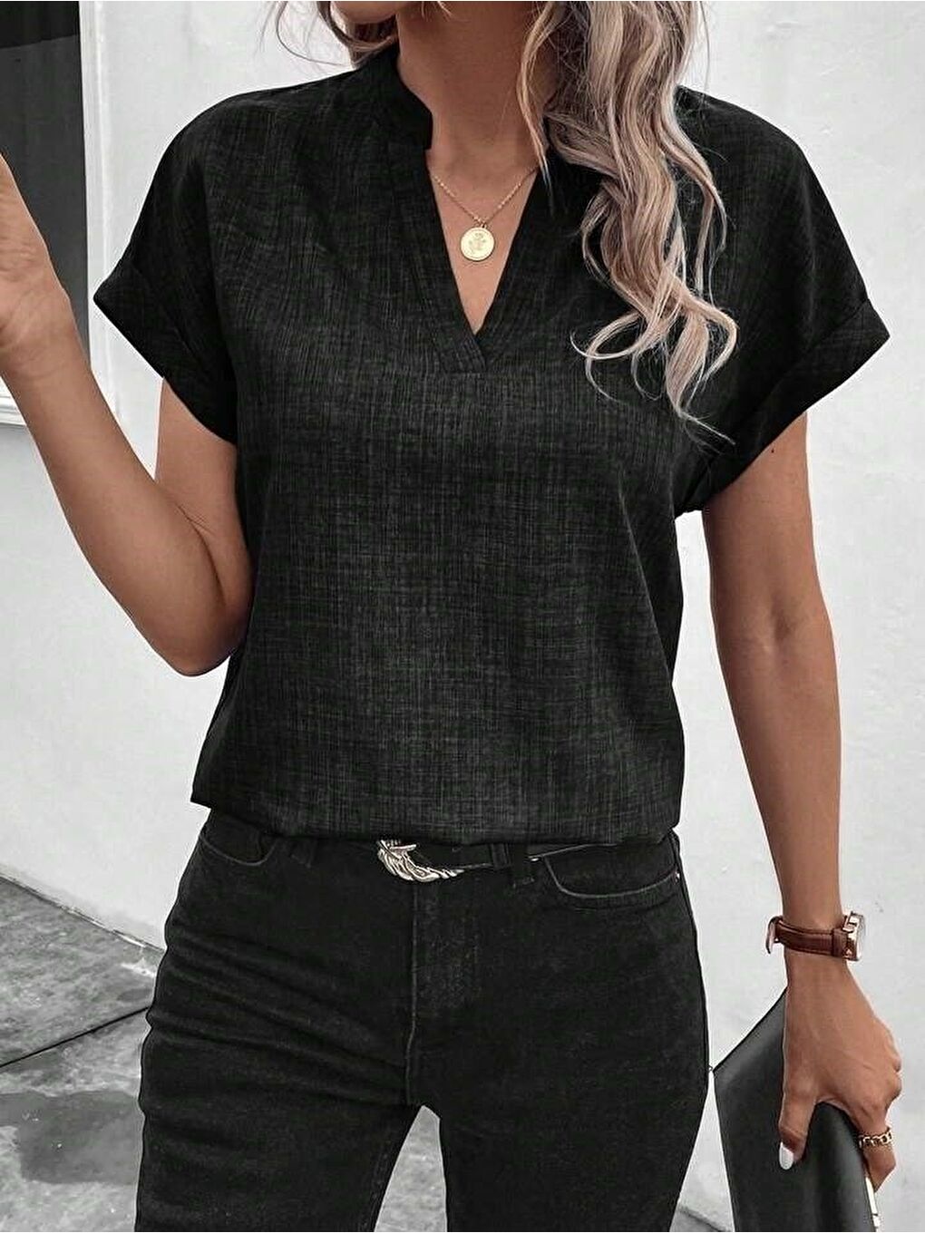 Siyah Kadın Kısa Kollu Hakim Yaka Sofya Bluz-1