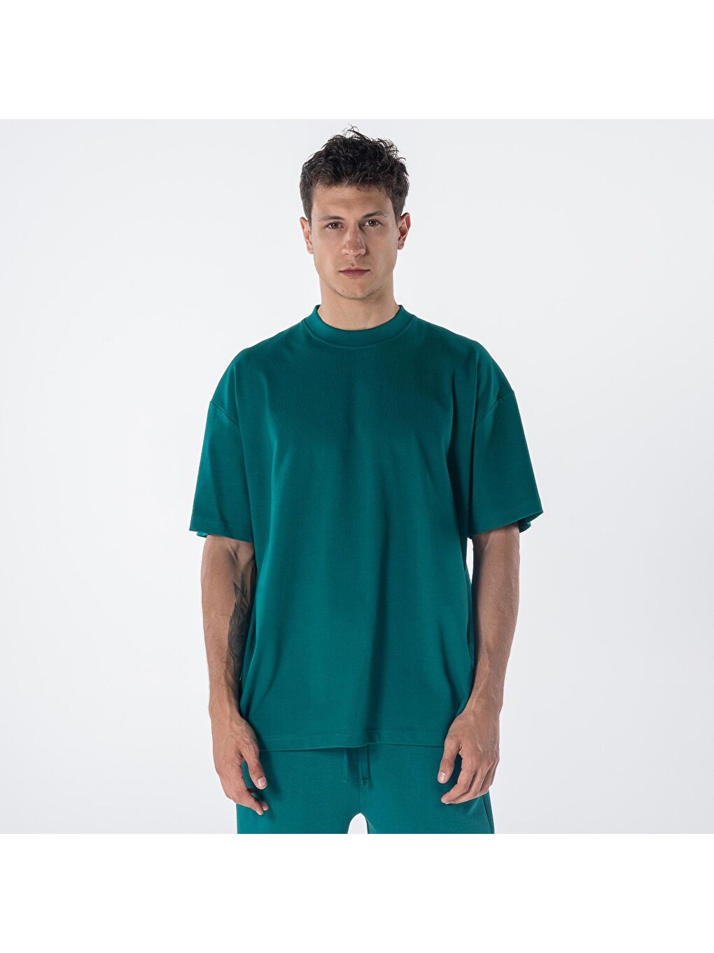 Agar Erkek Yeşil %100 Koton Bisiklet Yaka Oversize Tişört