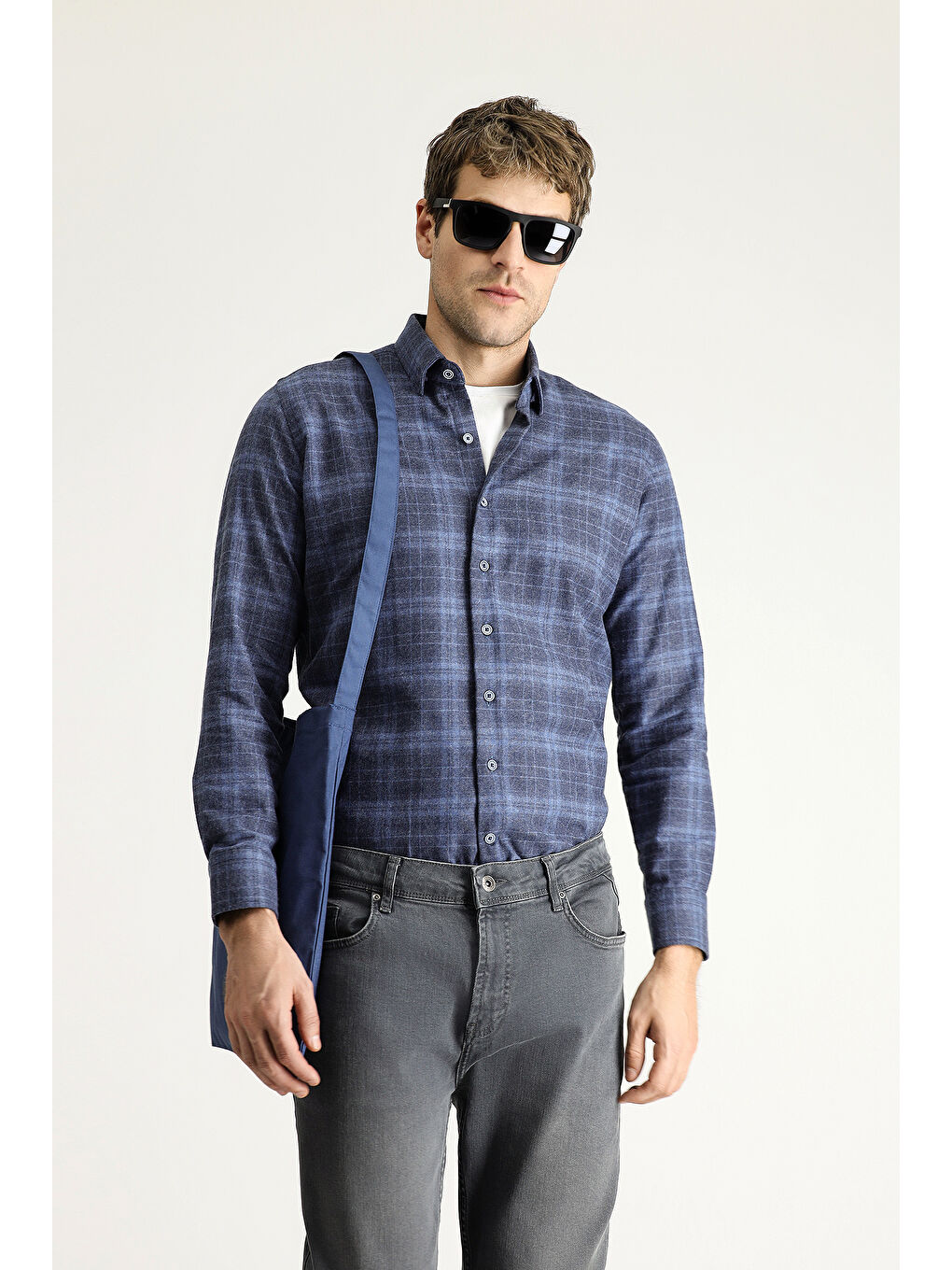 Mavi Uzun Kol Slim Fit Dar Kesim Oduncu Ekose Pamuklu Gömlek-1