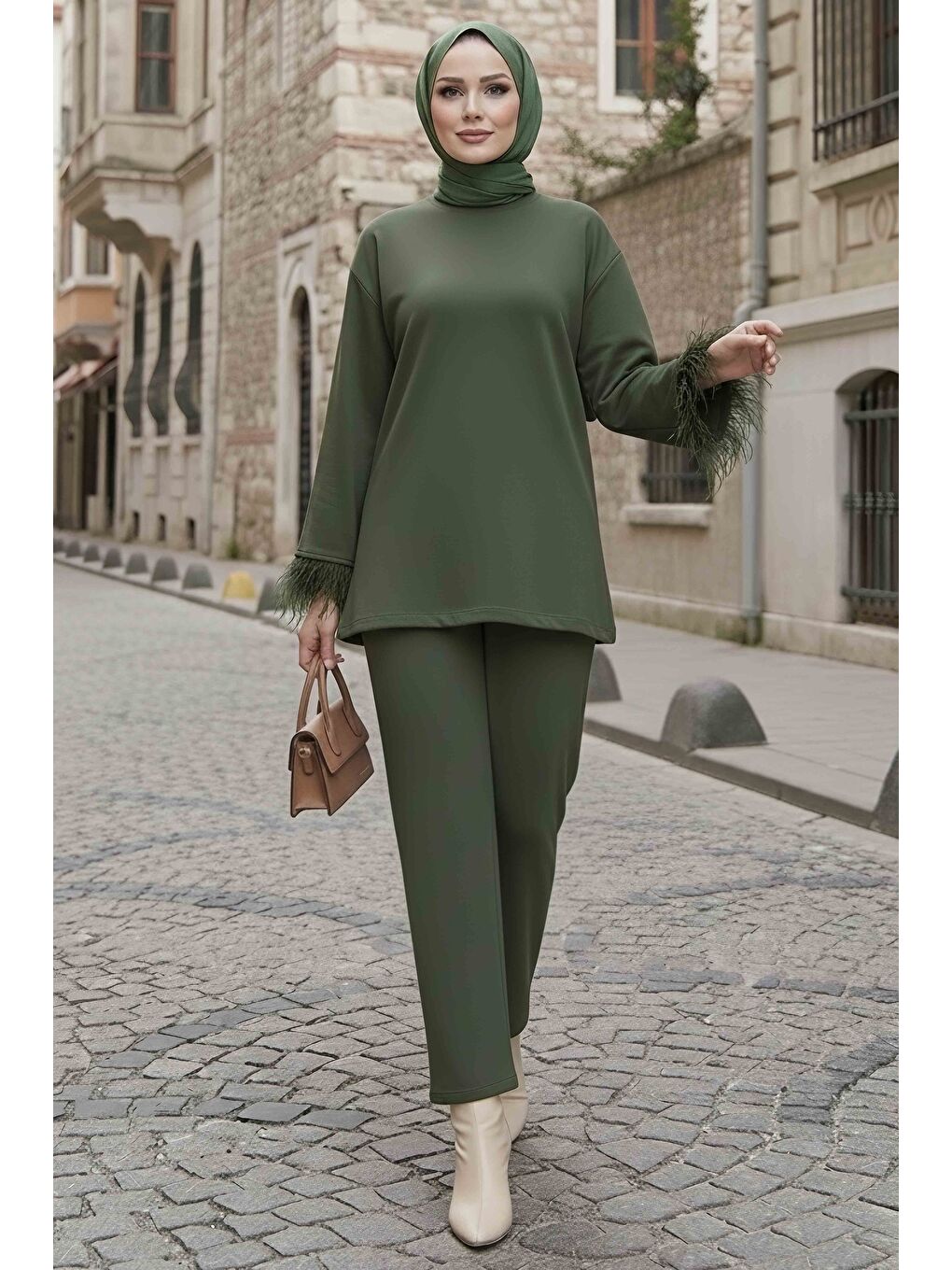 Kol Ucu Tüylü Modal İkili Takım Haki - 088-HAKI-1
