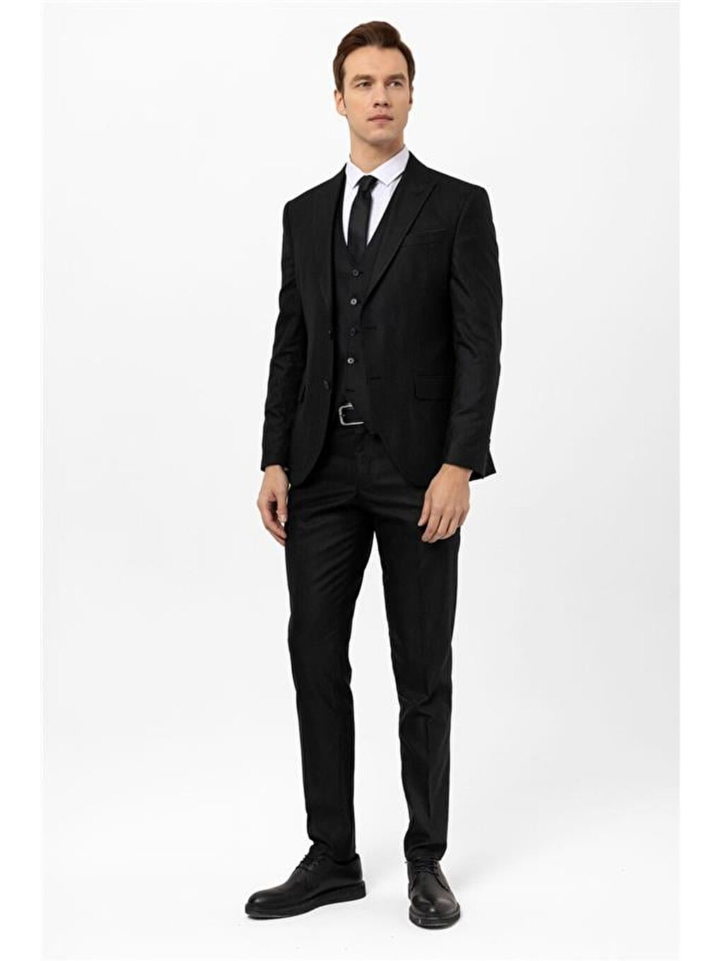 Siyah Slim Armürlü Sivri Yaka 6 Drop Yelekli Takım Elbise-1