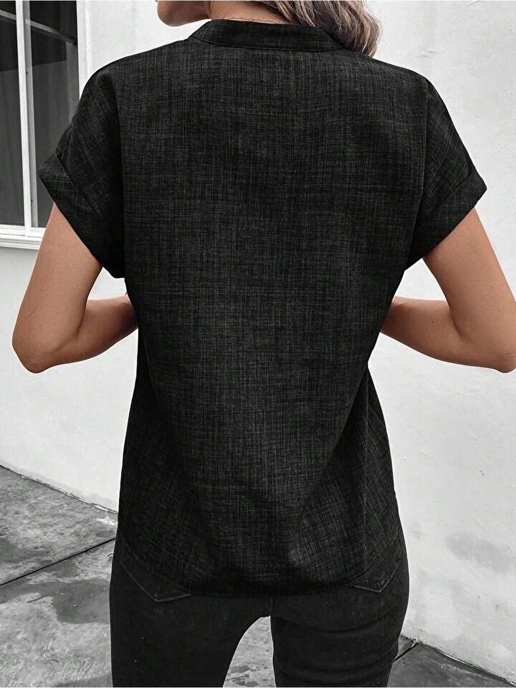 Siyah Kadın Kısa Kollu Hakim Yaka Sofya Bluz-2