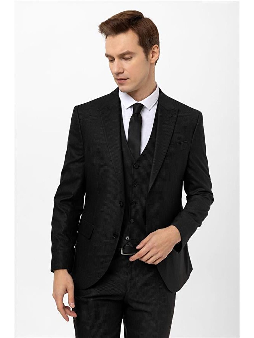 Siyah Slim Armürlü Sivri Yaka 6 Drop Yelekli Takım Elbise-2