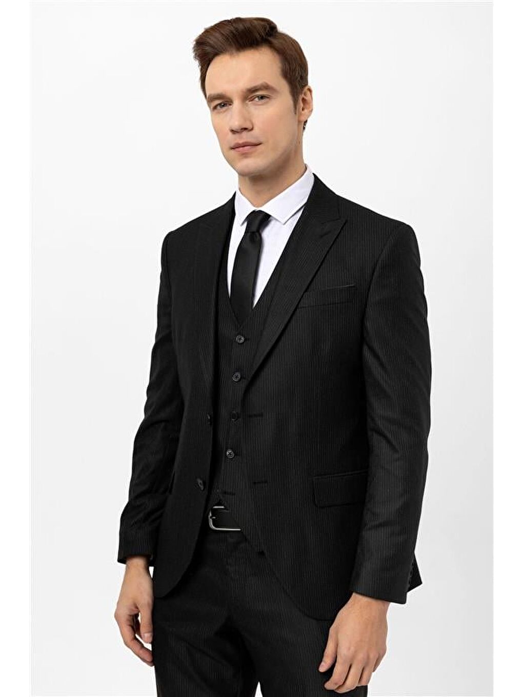 Siyah Slim Armürlü Sivri Yaka 6 Drop Yelekli Takım Elbise-3