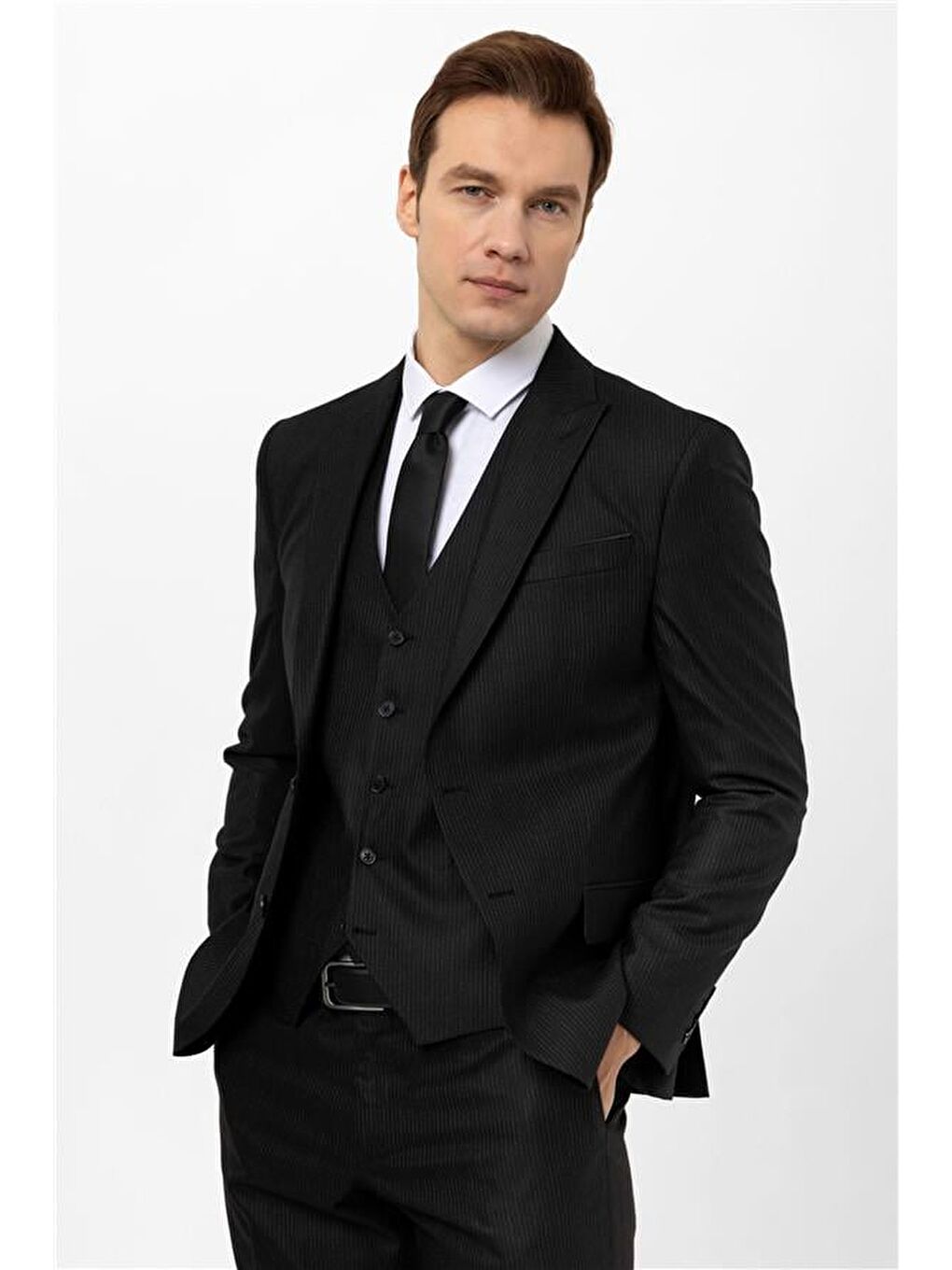 Siyah Slim Armürlü Sivri Yaka 6 Drop Yelekli Takım Elbise-4