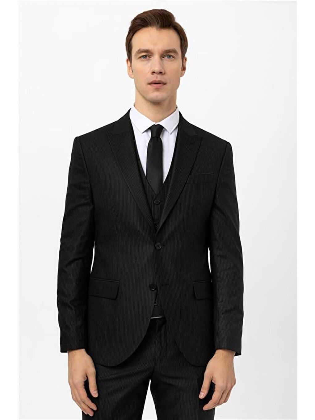 Siyah Slim Armürlü Sivri Yaka 6 Drop Yelekli Takım Elbise-5