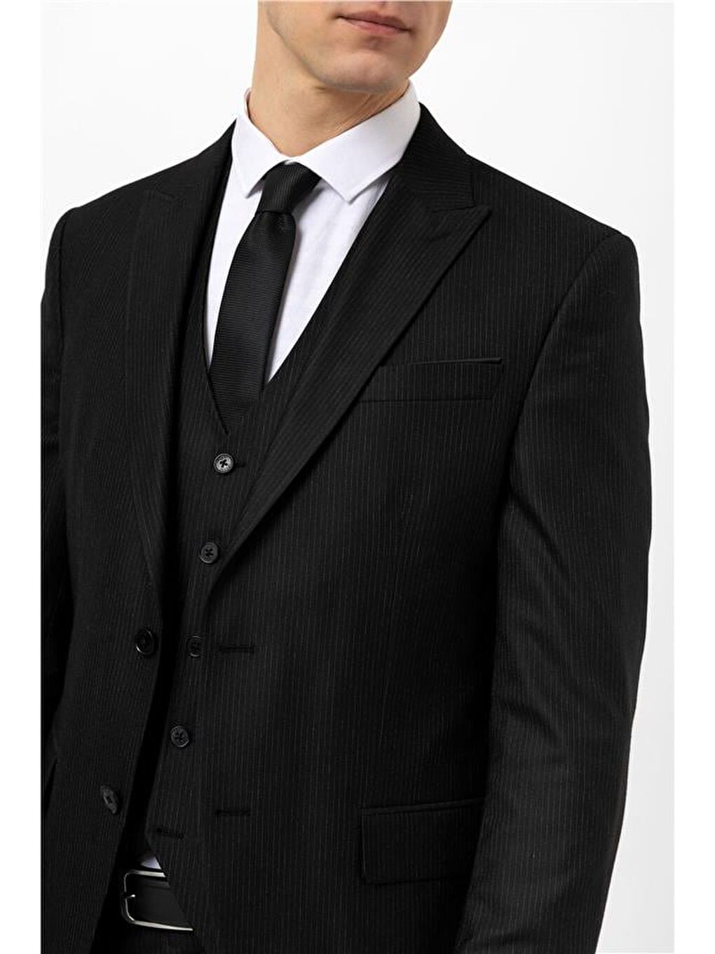 Siyah Slim Armürlü Sivri Yaka 6 Drop Yelekli Takım Elbise-6