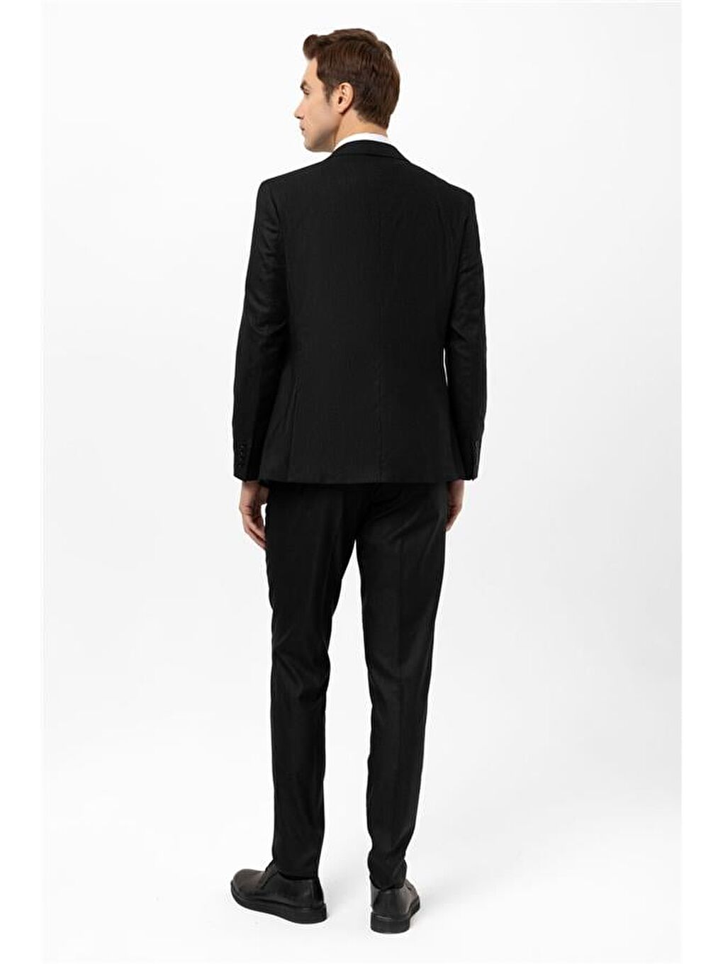 Siyah Slim Armürlü Sivri Yaka 6 Drop Yelekli Takım Elbise-7