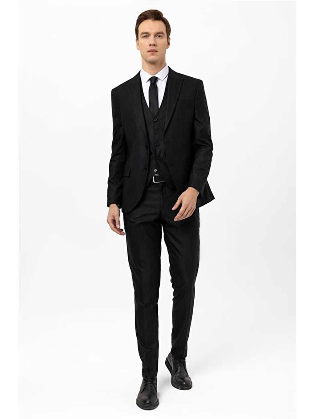 Siyah Slim Armürlü Sivri Yaka 6 Drop Yelekli Takım Elbise-8