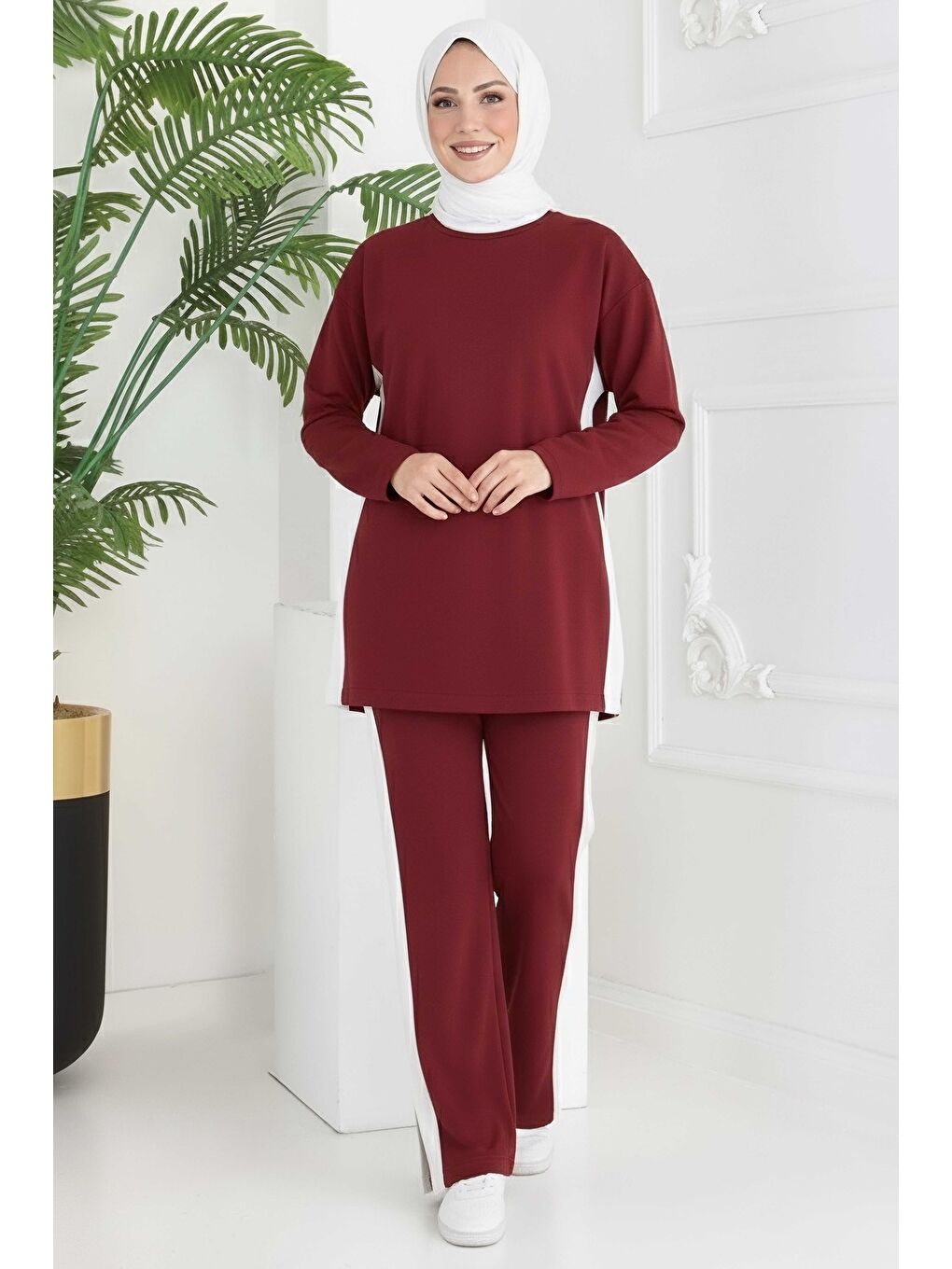 Garnili Yırtmaçlı Modal İkili Takım Bordo - 28012-BORDO-1