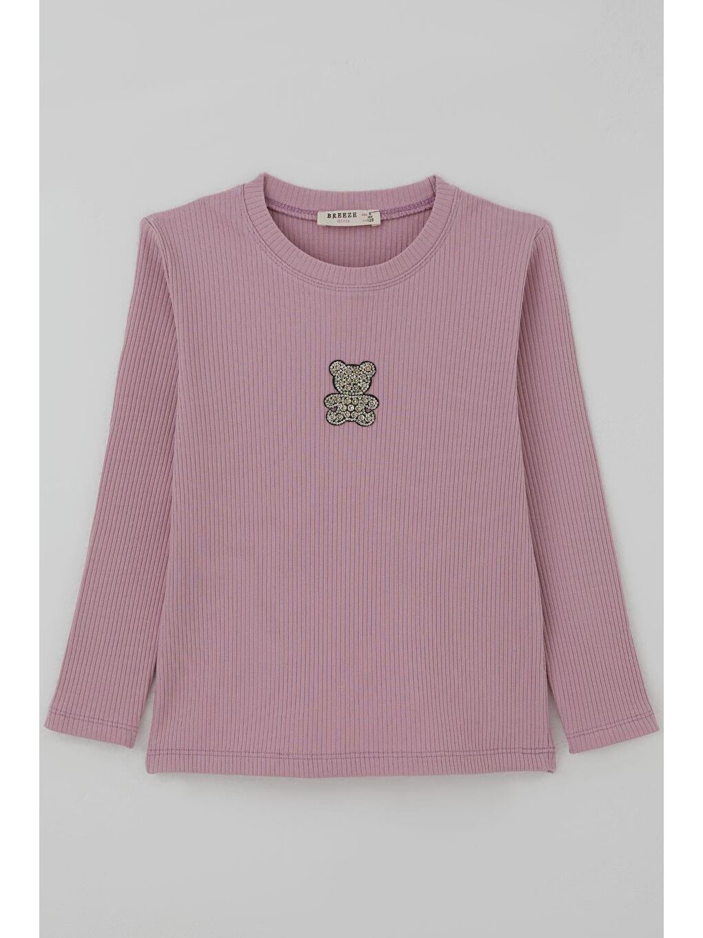 Pembe Kız Çocuk Uzun Kollu Tişört Taşlı Işıltılı Ayıcık Aplike Armalı Gülkurusu (5-10 Yaş)