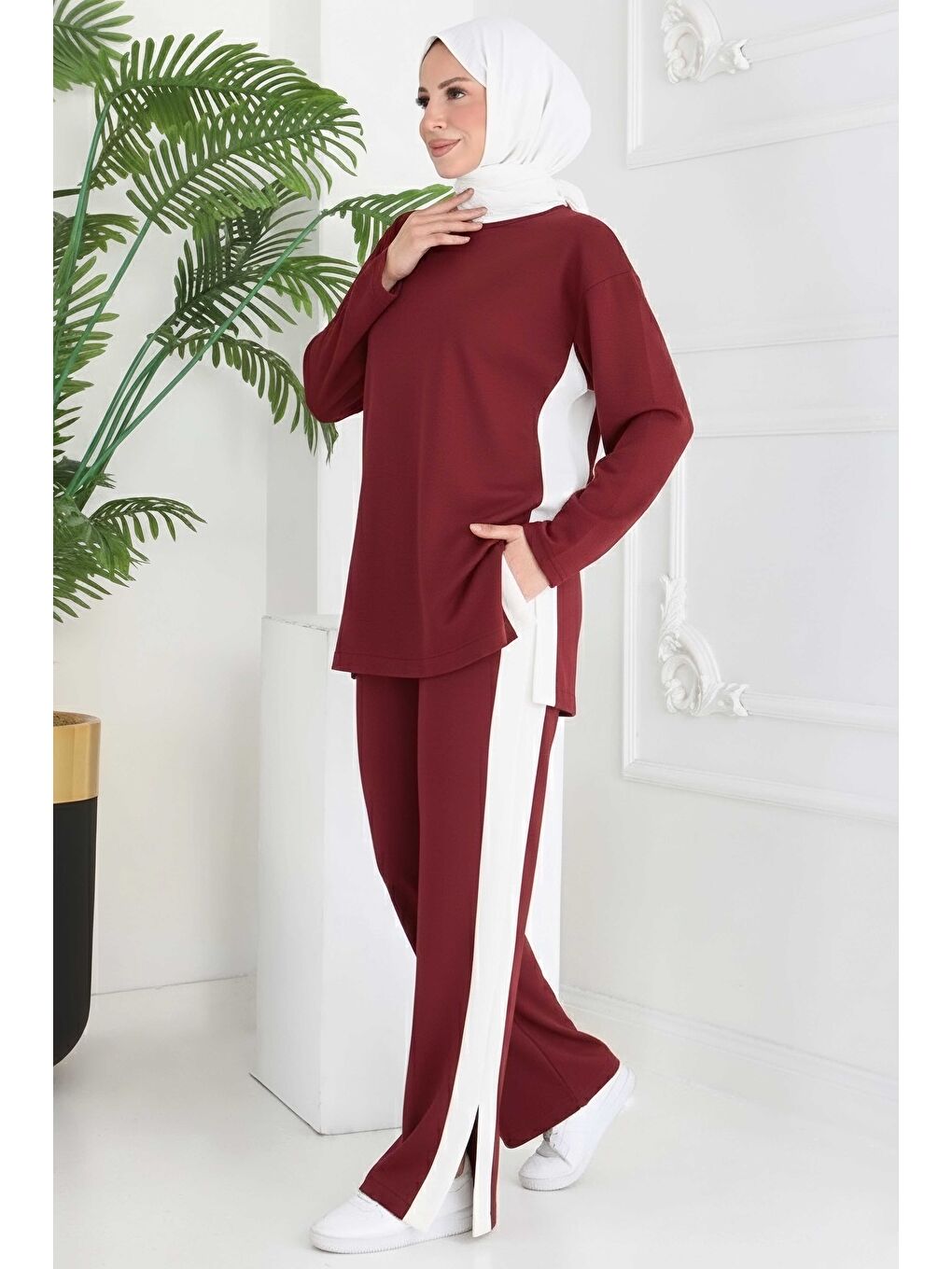 Garnili Yırtmaçlı Modal İkili Takım Bordo - 28012-BORDO-2