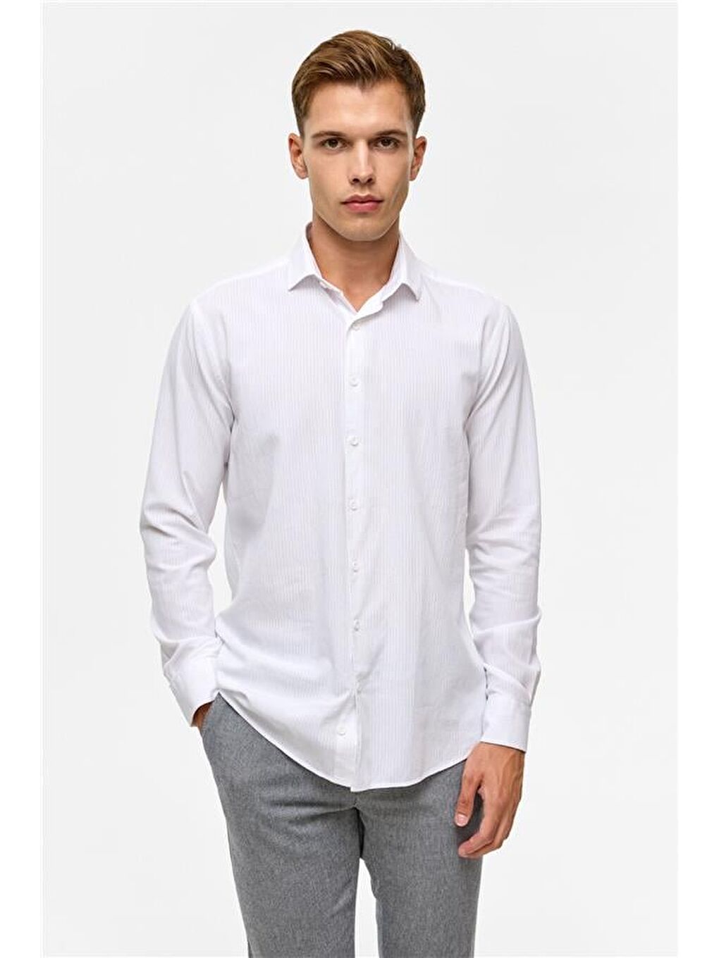 Beyaz Slim Düz Klasik Yaka Gömlek-1