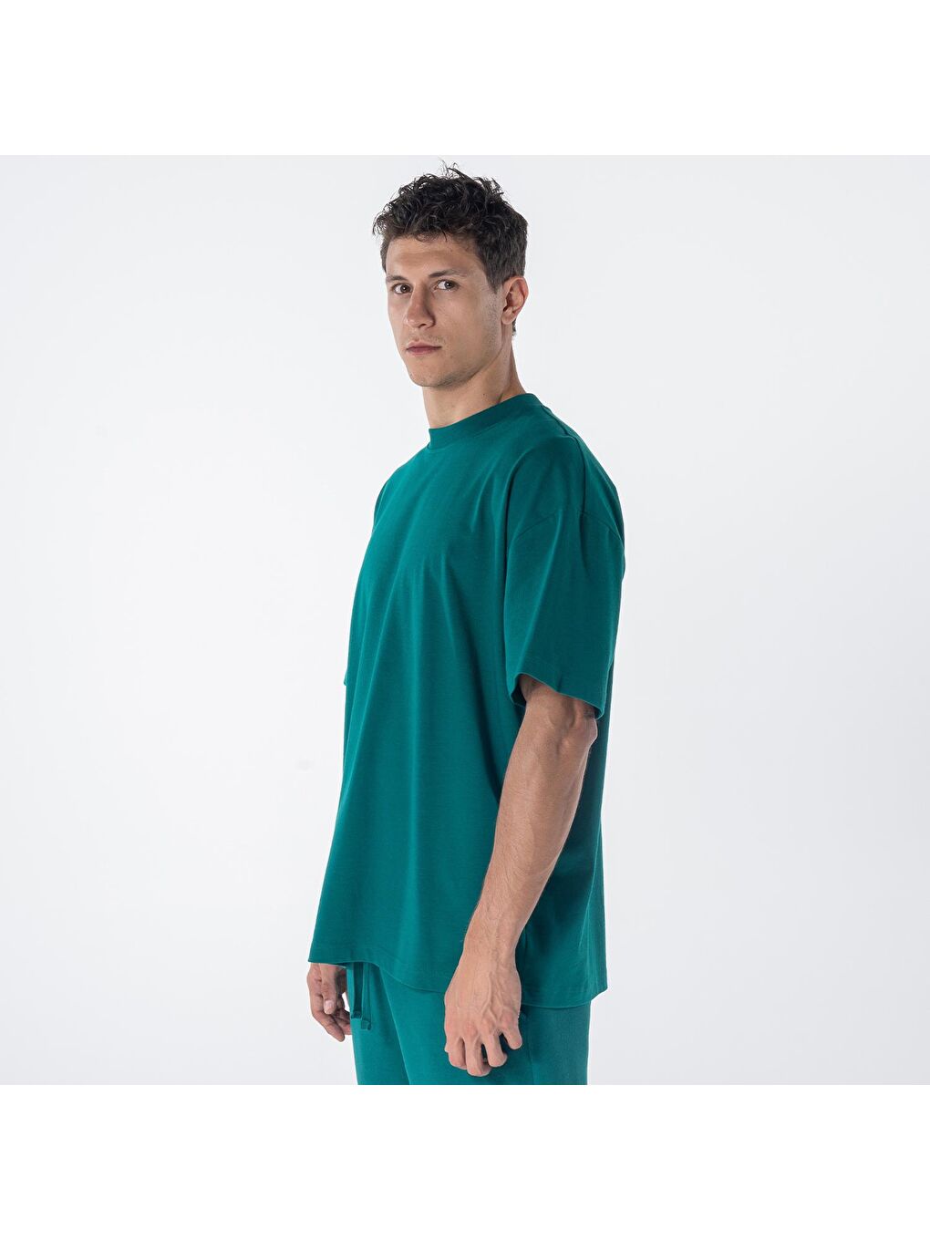 Agar Erkek Yeşil %100 Koton Bisiklet Yaka Oversize Tişört-2